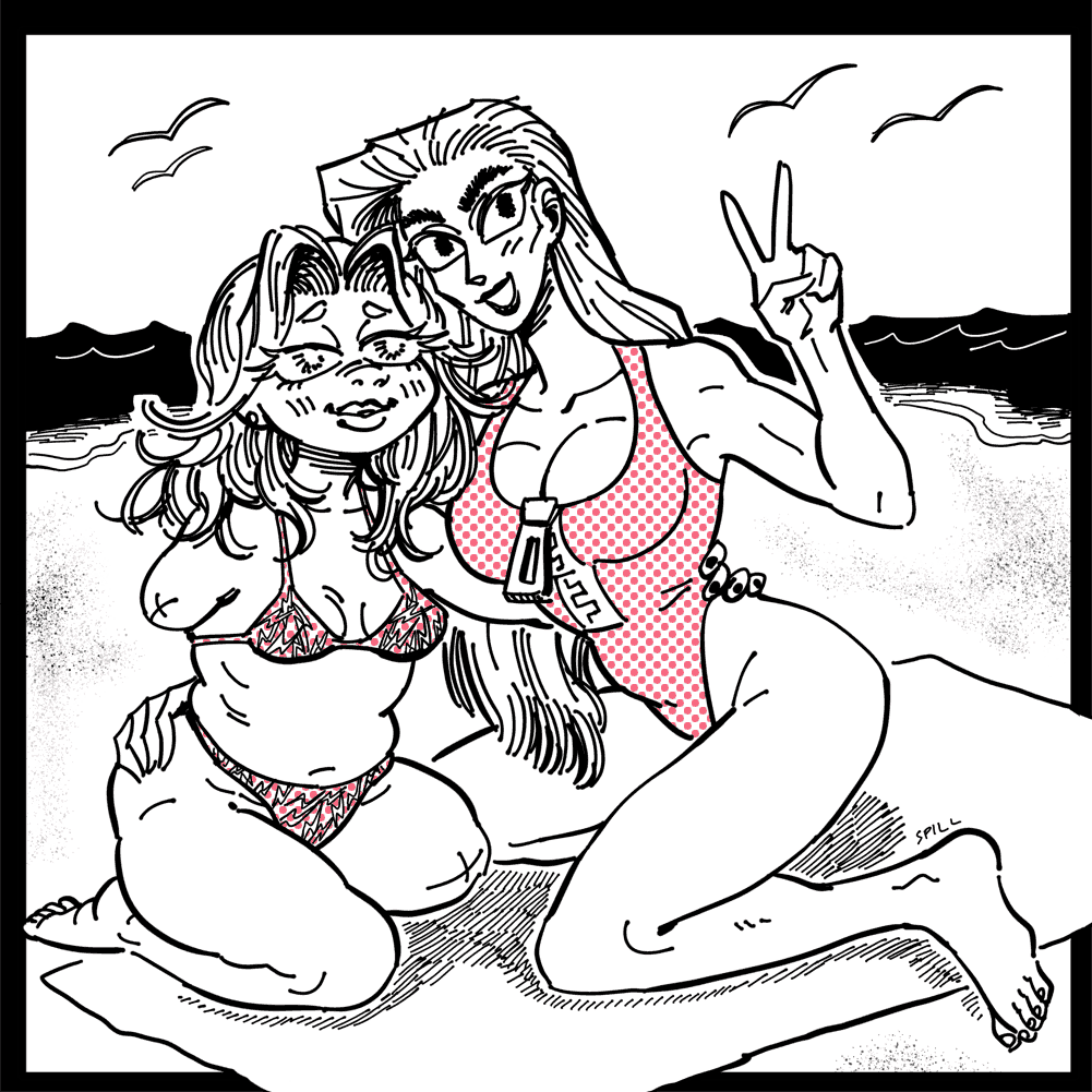 A drawing of Cherry and Ethyl at the beach. Cherry is a tall, slim woman with toned arms and legs. Her hair is long enough to reach her bum, and it's brushed back on one side to keep it off her face. She has thick eyebrows, black eyes, pronounced cheekbones, and large breasts. Cherry wears a swimsuit with a very high cut and a large zipper on the front. Ethyl is a short girl with a chubby body. Her hair is wavy and shoulder-length. She has small eyebrows, long lashes, bright eyes, full lips, and i smissing her right arm and her left leg. Ethyl wears ear studs and a small bikini with a cartoonish thunderbolt pattern. Cherry and Ethyl sit on a towel with their arms around each other, hands resting at each other's hips. They look somewhat upwards, to an unseen person, and Cherry throws a peace sign with her free hand, smiling happily. Ethyl's smile is softer. The sea can be seen behind them, seagulls flying across the sky. These characters belong to SCUMSUCK.